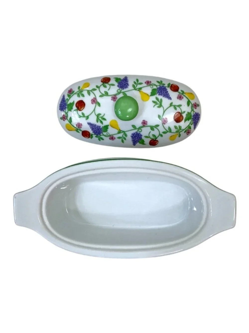 French Covered Butter Bell Dish White Multicolor Fruit 3 Piece Cook St Vintage